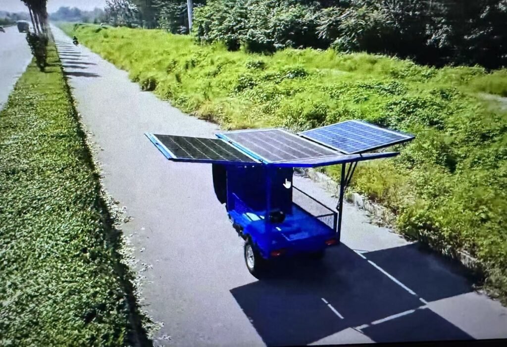 Eco-friendly solar powered electric tricycle parked under sunlight