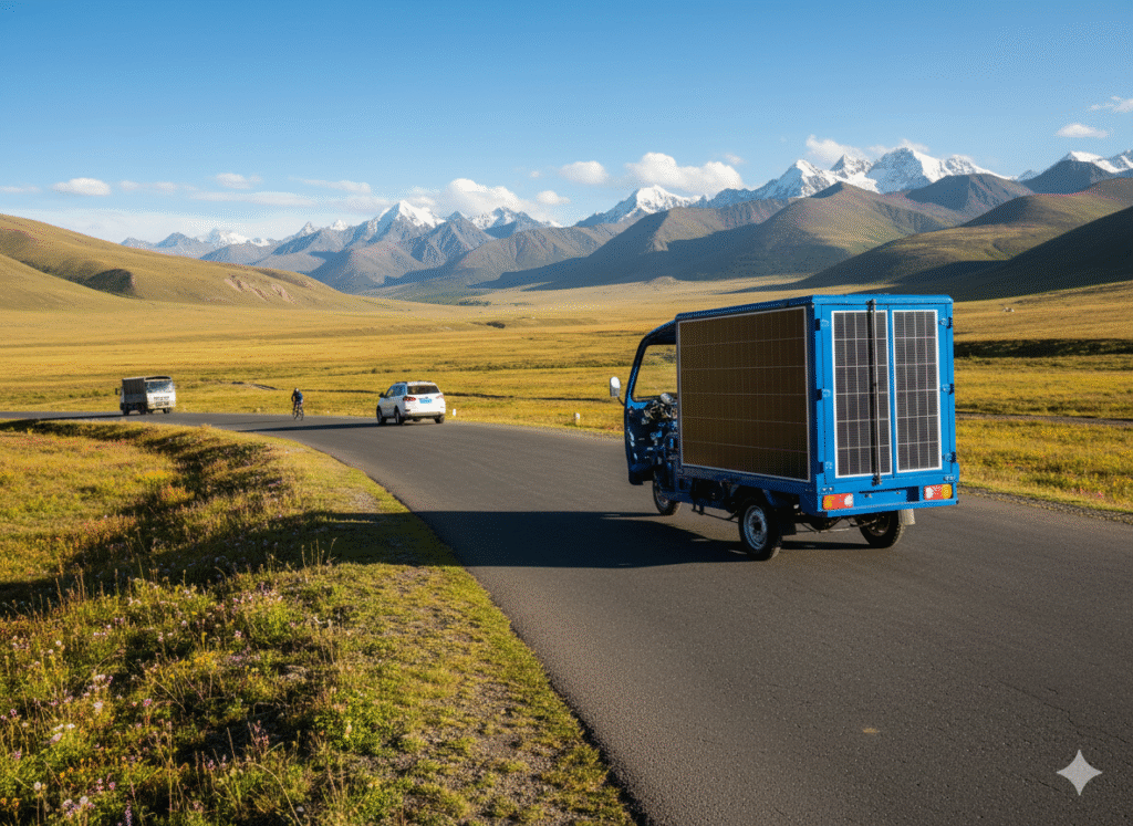 Solar Folding Trike parked beside RV in wilderness