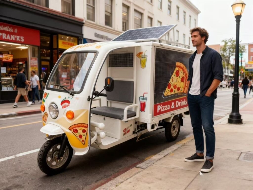 Solar Trike Mobile Coffee Business eco friendly mobile cafe setup in city